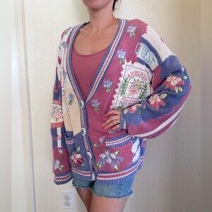 Vintage Absolutely No! Jeans Cardigan Embroidered Heavy Knit Sweater 80s 90s